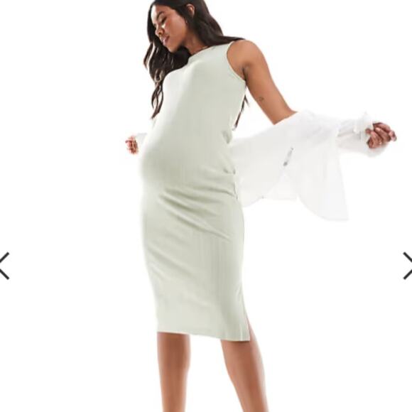 Mamalicious Maternity jersey pointelle tank midi dress in sage green - Picture 1 of 13